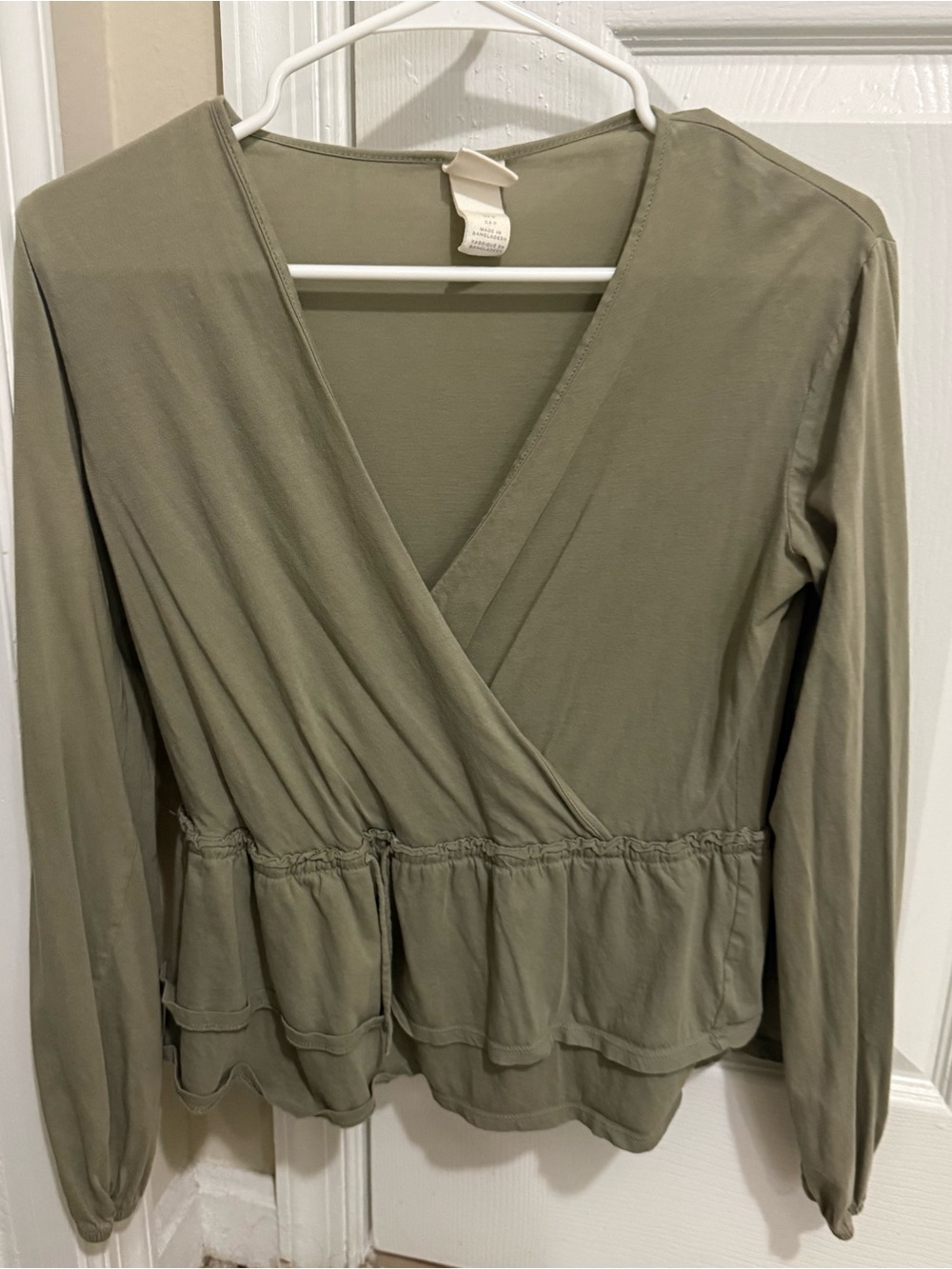 H&M Olive Wrap Peplum Long Sleeve Top